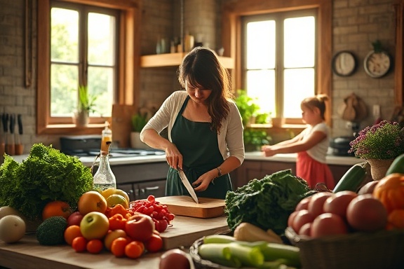 vibrant wellness nutrition, nourishing, preparing fresh meals, photorealistic, a rustic kitchen with sunlight streaming through windows, highly detailed, chopping vegetables, high dynamic range, rich organic colors, bright natural lighting, shot with a 24mm lens.