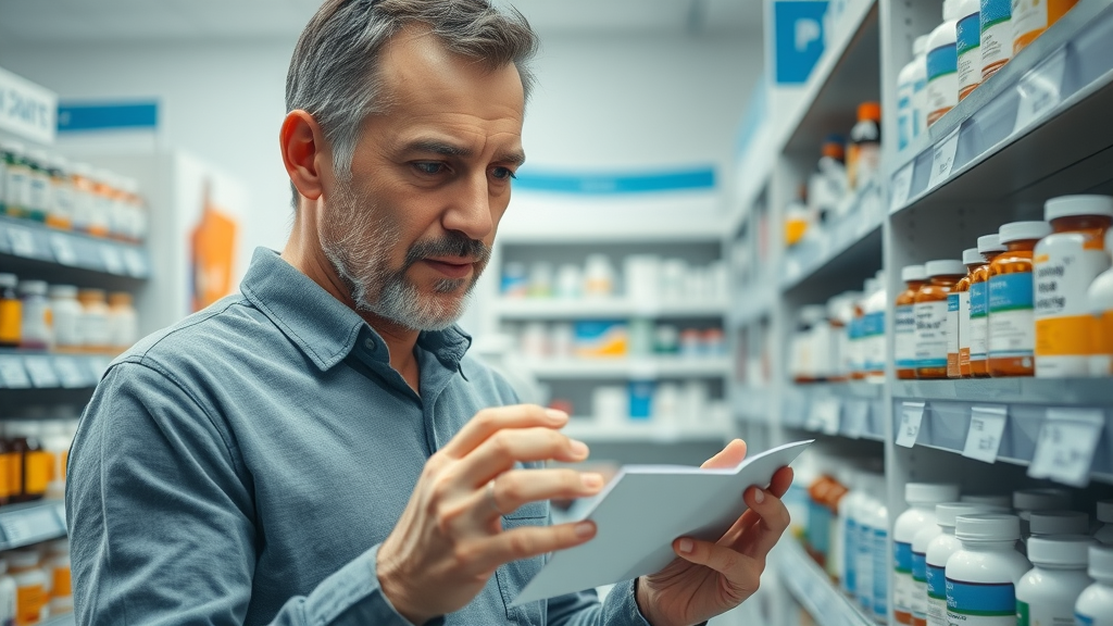 careful mature male analyzing mineral supplement bottles at pharmacy shelf choosing right mineral supplement