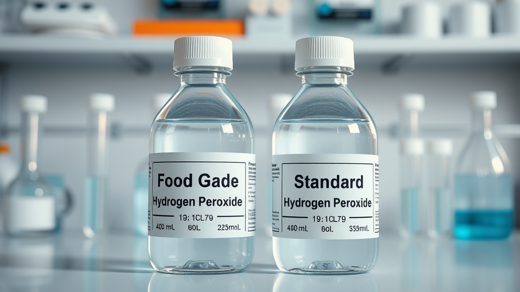 Sterile laboratory bottles food grade hydrogen peroxide vs standard hydrogen peroxide clinical comparison on lab workbench with test tubes
