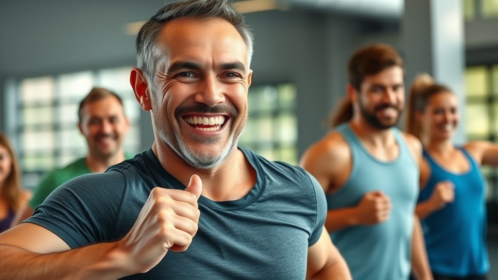 mature male enjoying fitness group showing positive results of trace mineral supplementation with vibrant smile and active peers