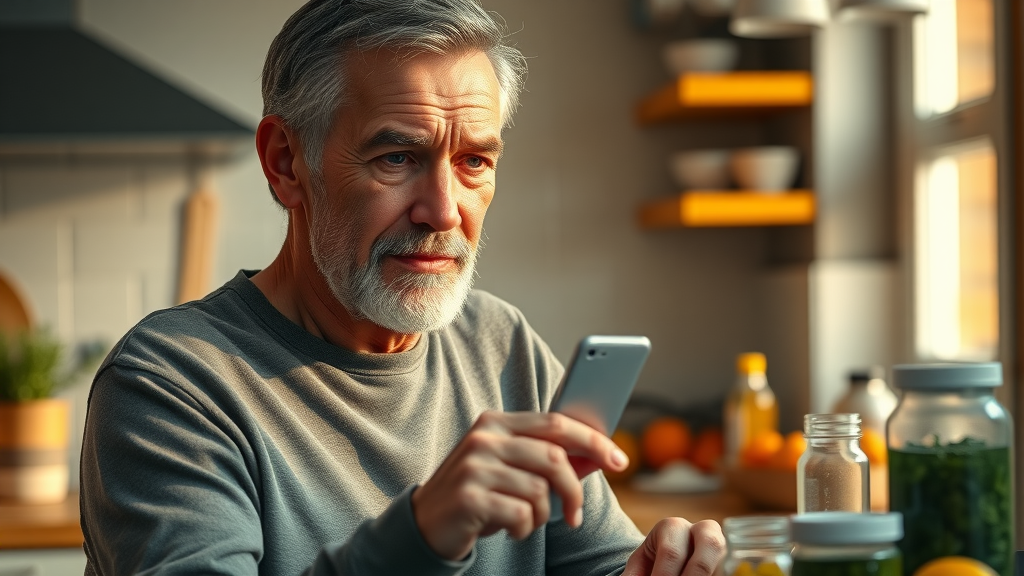 mature mature man considering healthy food and supplements in warm home kitchen with sunlight