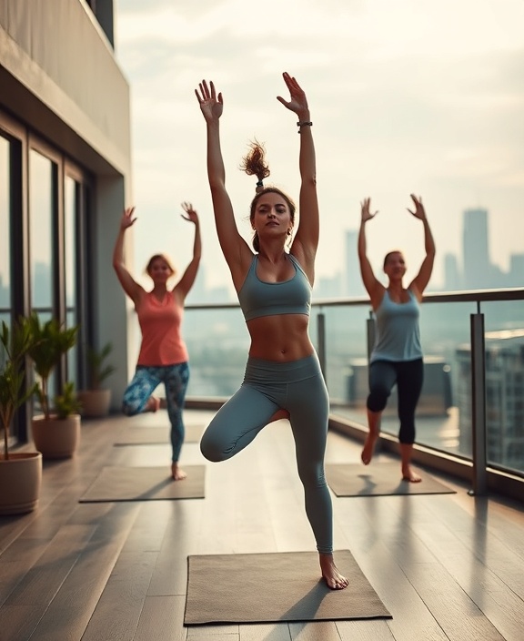 invigorating wellness fitness, energized, performing yoga poses, photorealistic, an open-air terrace with a cityscape view, highly detailed, gentle breeze, wide-angle, muted tones with pops of color, early morning lighting, shot with a 18mm lens.