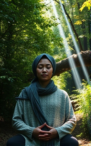 mindful meditation practitioner, tranquil expression, walking slowly along a forest path, photorealistic, dense foliage with beams of light piercing through, highly detailed, leaves falling gently around, extreme detail focus, fresh greens and browns, dappled sunlight and shadow, shot with a macro lens