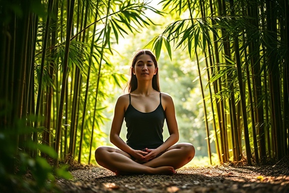 peaceful wellness meditation, contemplative, sitting cross-legged, photorealistic, a lush bamboo forest with filtered sunlight, highly detailed, swaying leaves, high resolution, earthy tones, soft dappled lighting, shot with a 50mm lens.