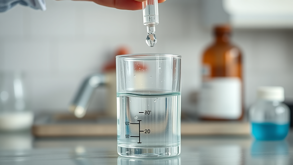 Dropper adding food grade hydrogen peroxide to glass beaker of water demonstrating safe dilution