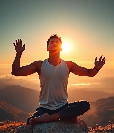 peaceful meditation practitioner, serene expression, performing sun salutations, photorealistic, sun-drenched mountain peak overlooking a valley, highly detailed, gentle clouds drifting by, full-frame quality, vibrant oranges and yellows, directional sunlight casting long shadows, shot with a telephoto lens