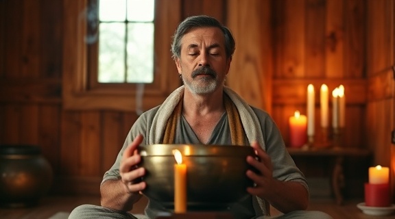 reflective meditation practitioner, enlightened expression, using a singing bowl, photorealistic, wooden cabin interior with incense smoke curling upwards, highly detailed, flickering candle flames, medium format quality, rich gold and red tones, intimate low lighting, shot with a 35mm lens