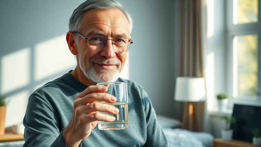inspiring healthy older male taking trace mineral supplement in sunlit study or bedroom setting for lifelong health