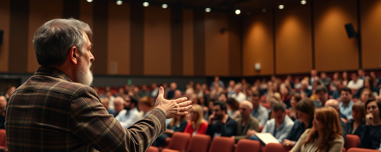 realistic expert seminar, engaging and informative, conducting a lecture, photorealistic, auditorium with professional setting, highly detailed, audience interaction, intricate sound equipment, warm colors, directional spotlight, shot with a 70-200mm telephoto lens.