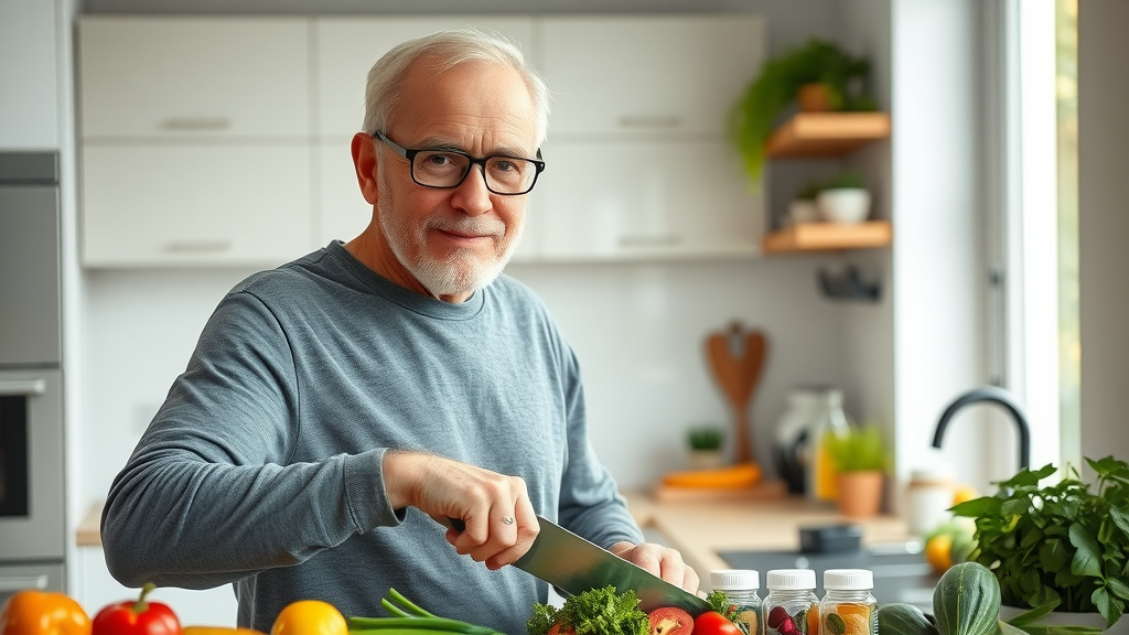 trace minerals for mature male health dynamic healthy older man preparing a balanced meal in a bright kitchen with supplements and fresh vegetables