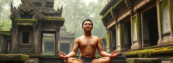 tranquil meditation practitioner, meditative expression, chanting softly, photorealistic, ancient temple ruins covered in moss, highly detailed, birds softly chirping in the background, ultra high definition, earthy hues, mystical lighting, shot with a portrait lens