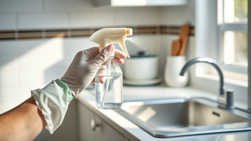 Food grade hydrogen peroxide solution sprayed on kitchen counter for home disinfection with glove safety