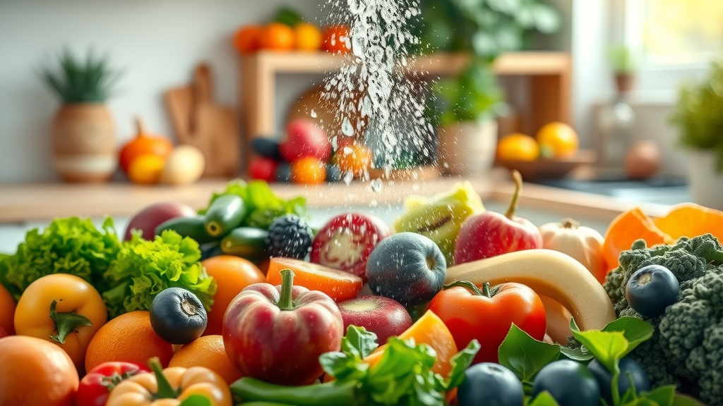 Organic fruits and vegetables washed with food grade hydrogen peroxide for safe food preparation with visible mist droplets