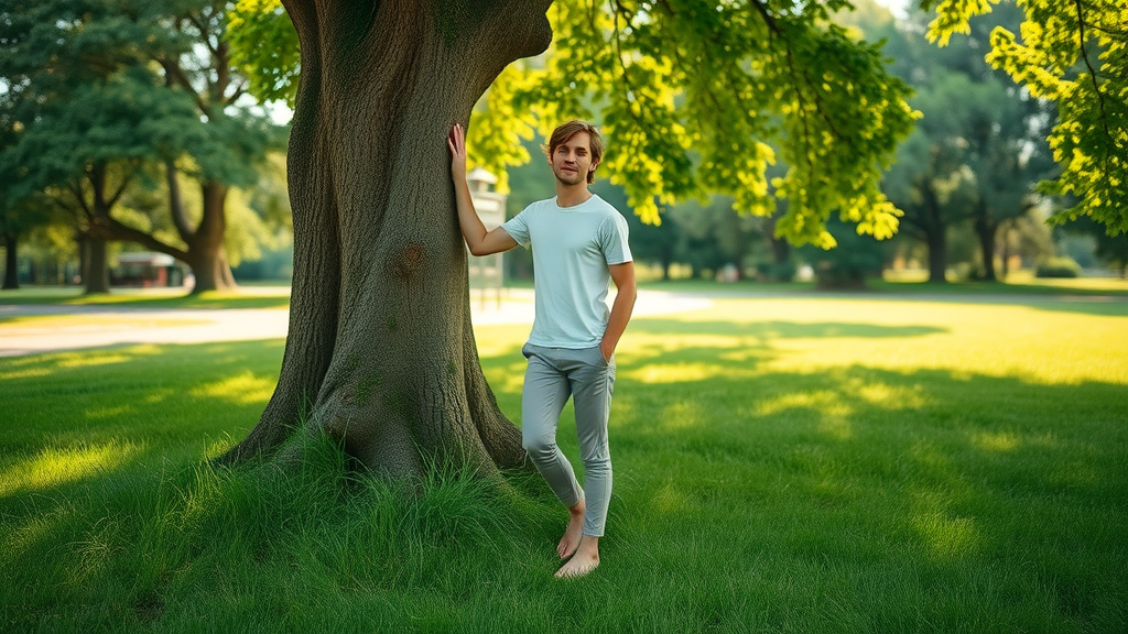 A peaceful person with a calm expression standing barefoot on lush green grass and touching a large tree, illustrating grounding with sunlight filtering through park leaves.