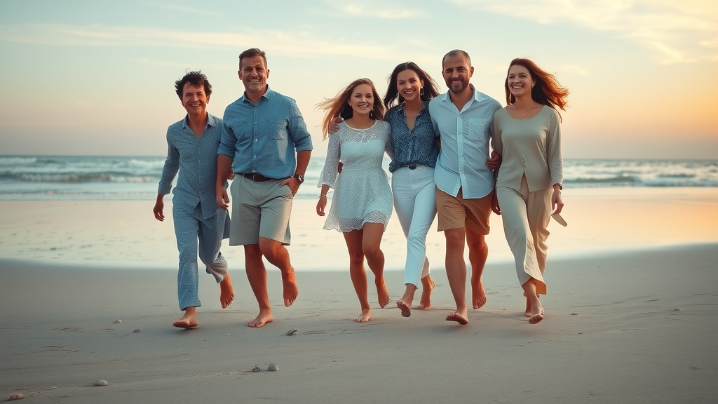 A happy diverse family joyfully walking barefoot on a sandy beach near the ocean at sunrise, showing grounding in a serene natural setting.
