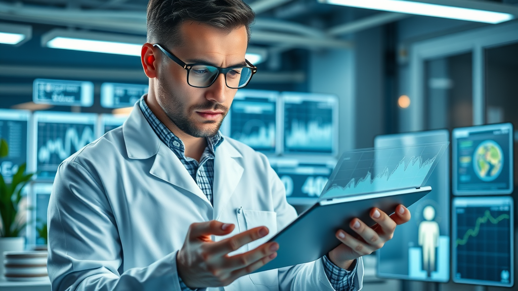A scientist in a lab coat analyzing health data on a digital tablet about the human body and electromagnetic fields, with a lab backdrop showing earth samples.