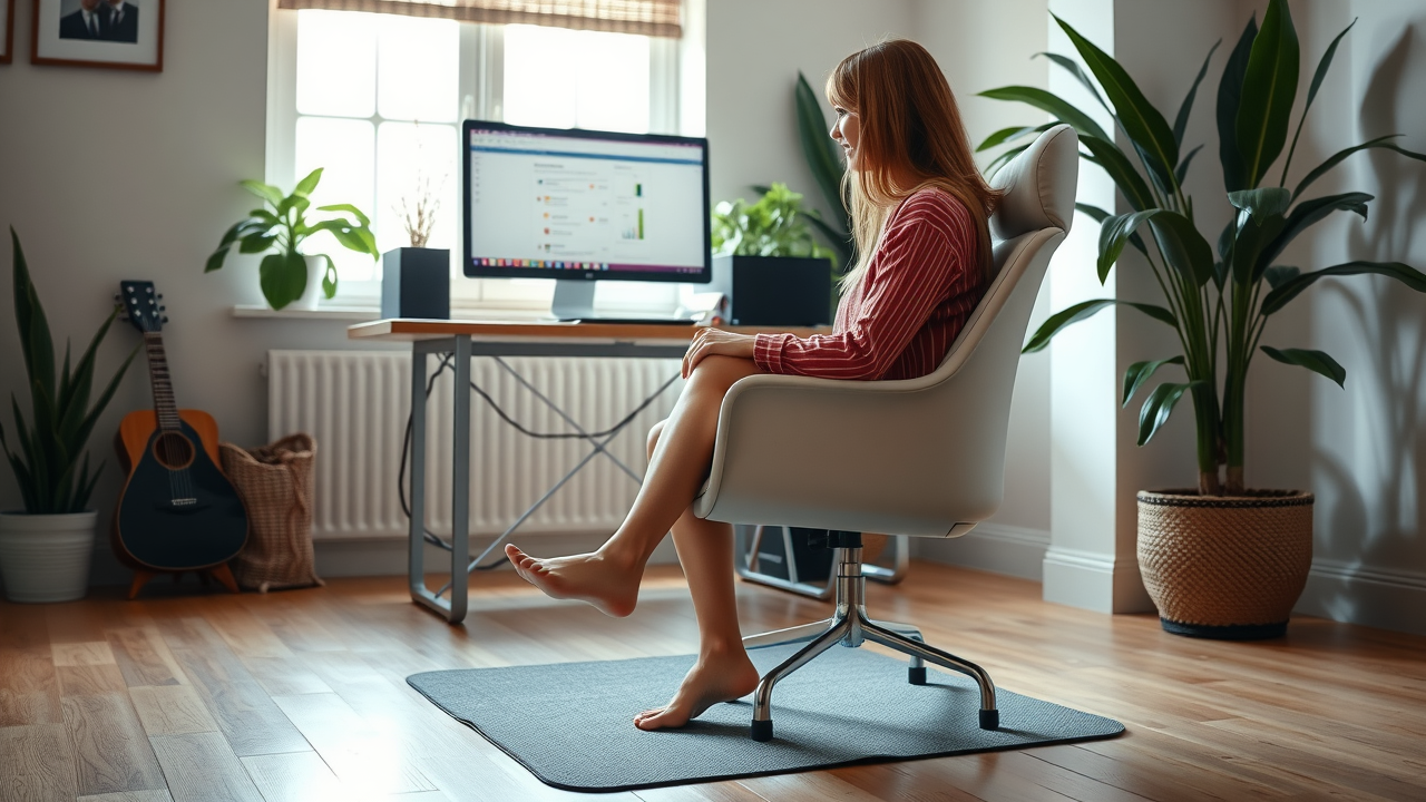 A relaxed person sitting in front of a computer with bare feet resting on a soft grounding mat in a cozy home office with plants and sunlight, showing indoor grounding practices.