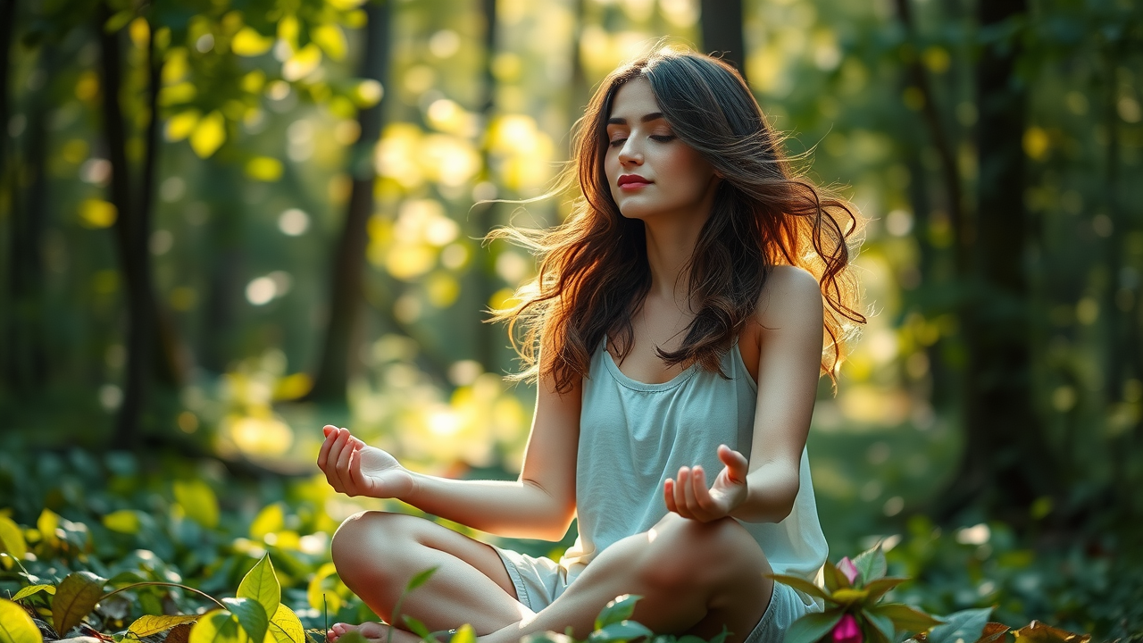 A thoughtful woman with a serene expression practicing mindfulness barefoot on a mossy forest floor, demonstrating grounding and meditation in nature.